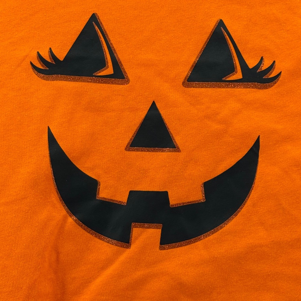 Halloween Pumpkin Face Orange‎ LS T Shirt Kids Large 10/12 Festive Glitter Party